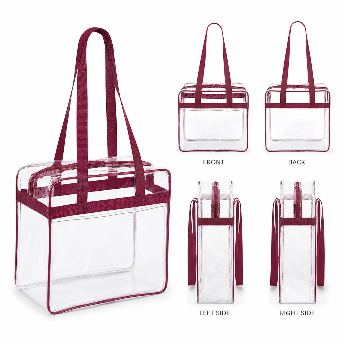 360-degree view of a clear stadium tote bag with burgundy trim