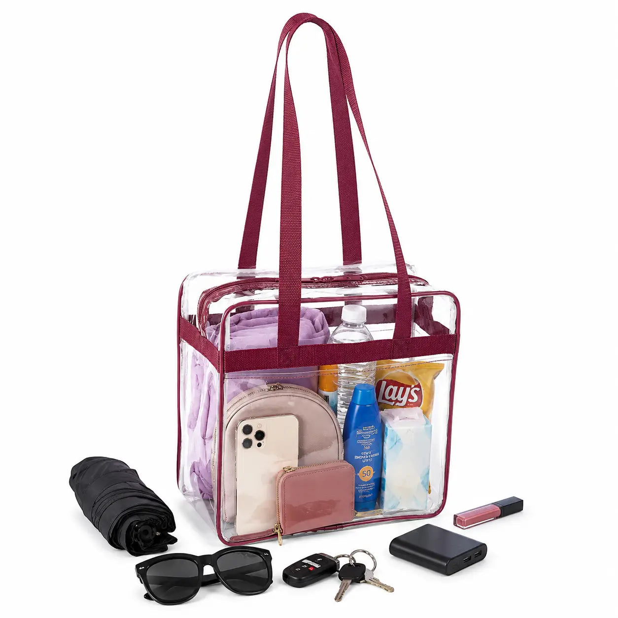 12x12x6 Clear Stadium Bag - Burgundy Trim