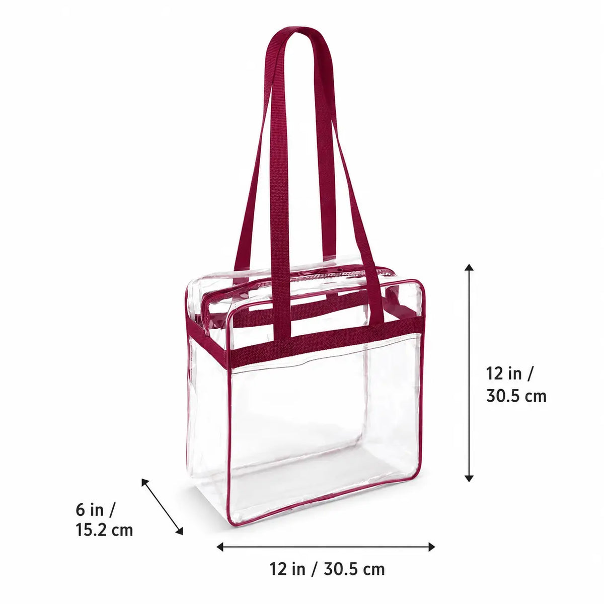 Clear stadium tote bag with burgundy trim shown with 12 x 12 x 6 inch dimensions