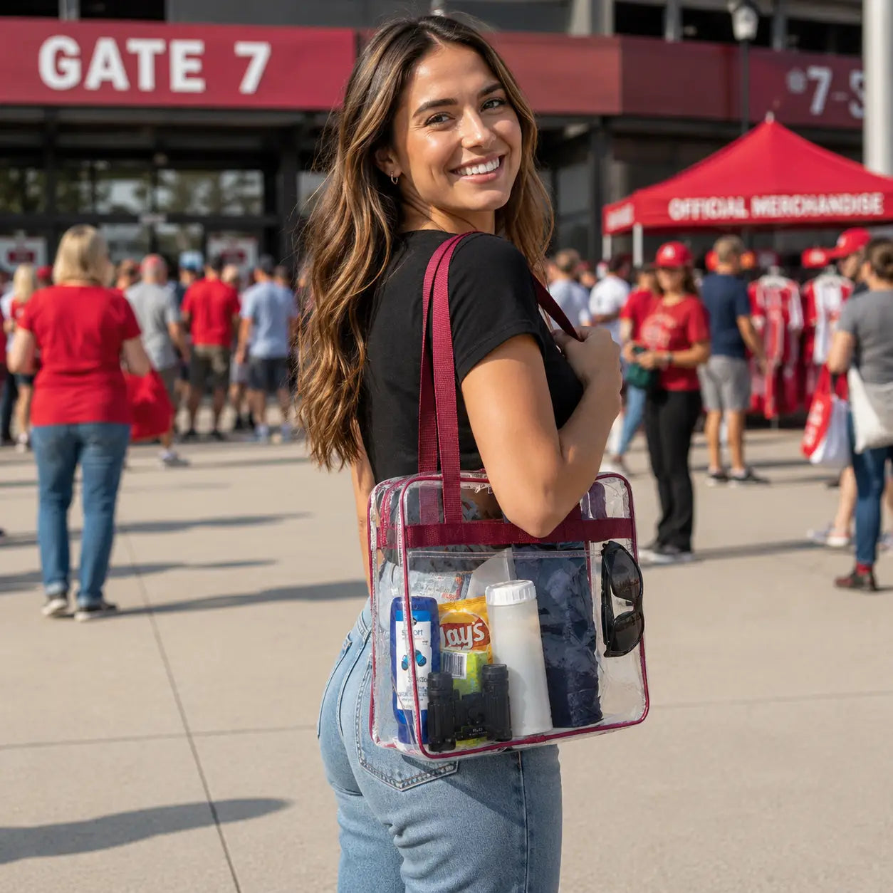 12x12x6 Clear Stadium Bag - Burgundy Trim