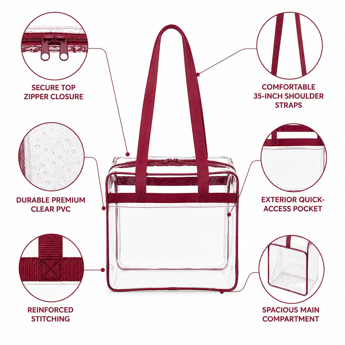 Clear stadium tote bag with burgundy trim highlighting zipper closure and exterior pocket