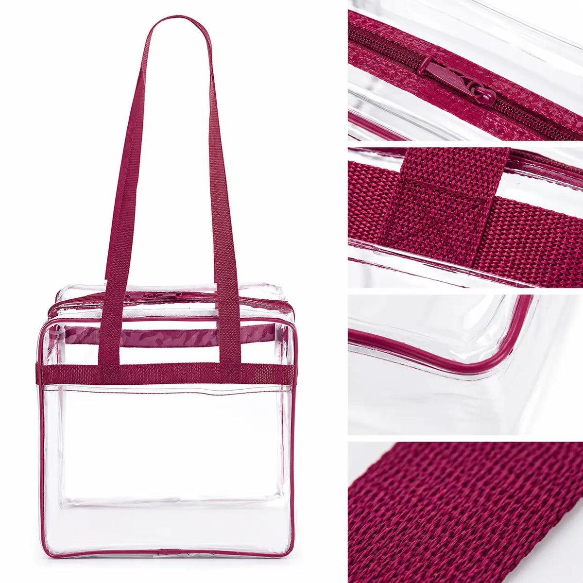 Close-up of zipper and stitching detail on a clear stadium tote bag with burgundy trim