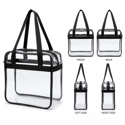 Clear plastic tote bag with black handles and trim, shown on a white background with front, back, left side, and right side views labeled underneath.