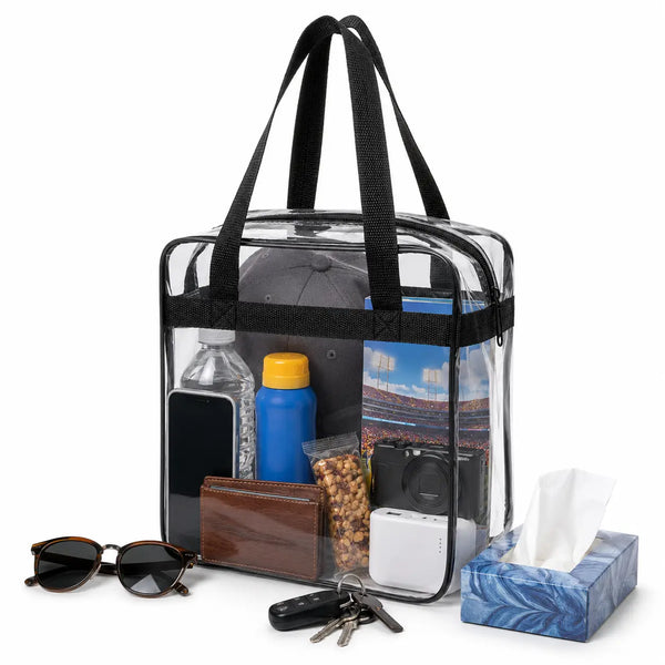 10 x 10 x 6 clear stadium tote bag with black handles, packed with game day essentials