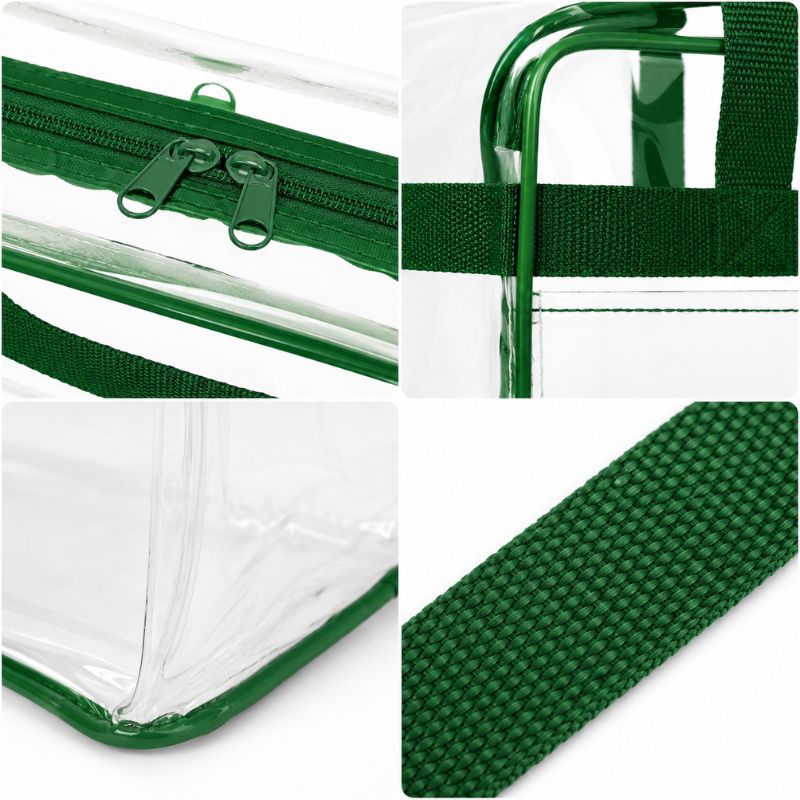 Close-up detail collage of the clear stadium tote showing the zipper pulls, handle stitching, corner seam, and green strap material.