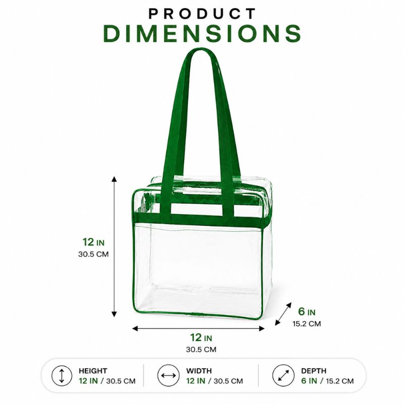Dimension chart showing the clear stadium tote with green trim measuring 12 inches tall, 12 inches wide, and 6 inches deep.