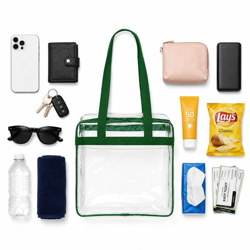 Top-down flatlay of the clear stadium tote with green trim surrounded by a phone, wallet, keys, sunglasses, sunscreen, and event tickets