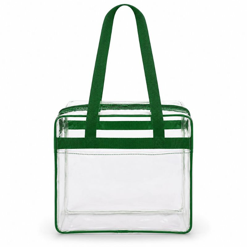 Clear stadium tote bag with green trim, shown empty from the front with straps raised.