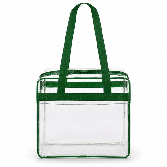 Clear stadium tote bag with green trim, shown empty from the front with straps raised.