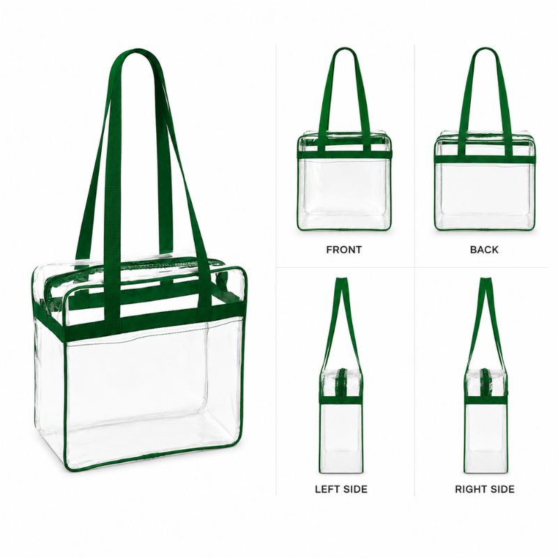 Multi-angle grid of the clear stadium tote with green trim showing front, back, left side, and right side views.