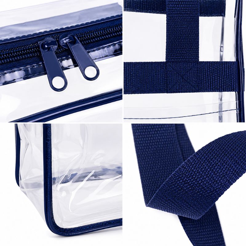 Close-up detail collage of the clear stadium tote showing the zipper pulls, handle stitching, corner seam, and navy strap material.