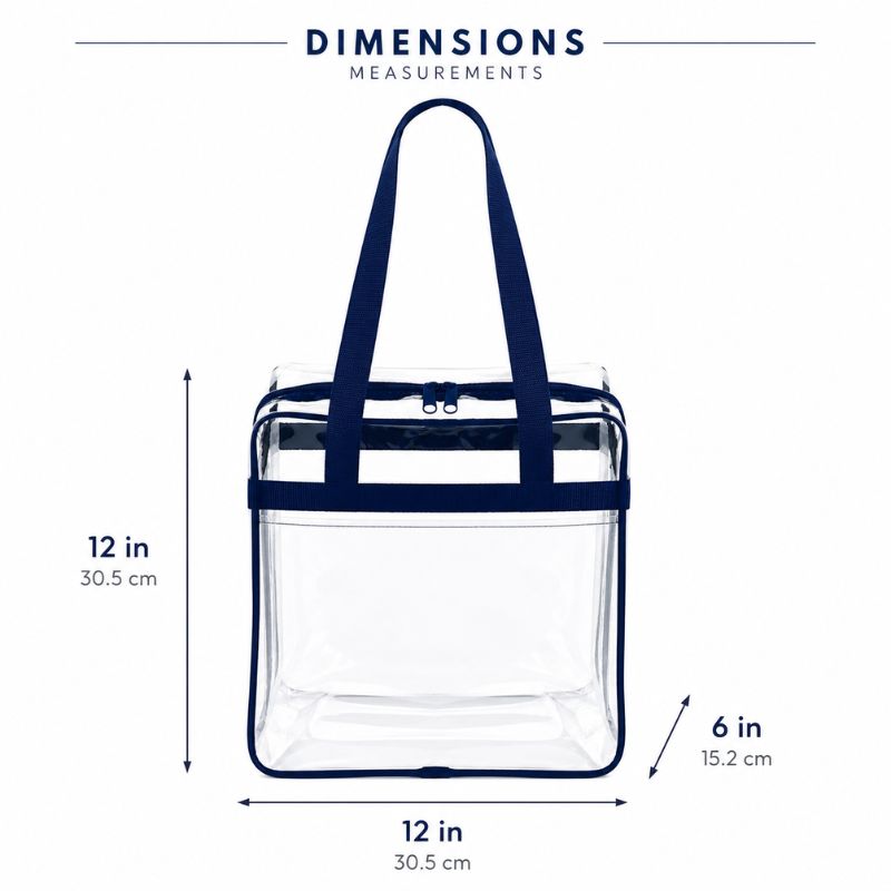 Dimension chart showing the clear stadium tote with navy trim measuring 12 inches tall, 12 inches wide, and 6 inches deep.