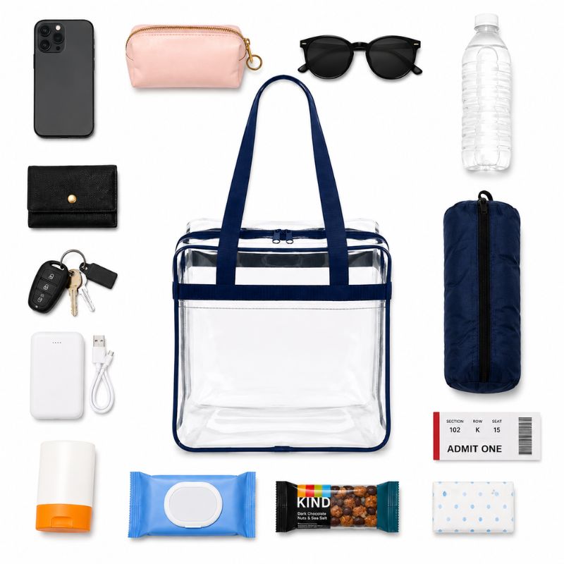 Top-down flatlay of the clear stadium tote with navy trim surrounded by a phone, wallet, keys, sunglasses, a snack, and an event ticket.