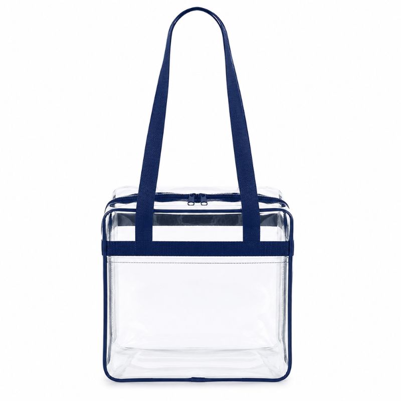 Clear stadium tote bag with navy trim, shown empty from the front with straps raised.