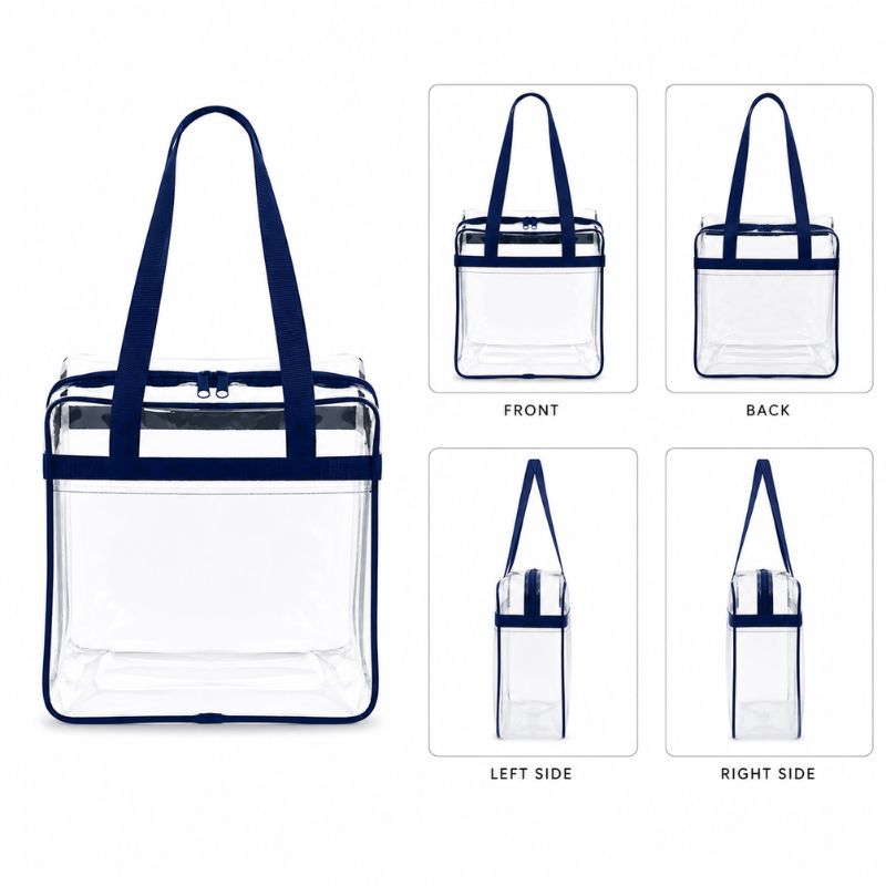 Multi-angle grid of the clear stadium tote with navy trim showing front, back, left side, and right side views.