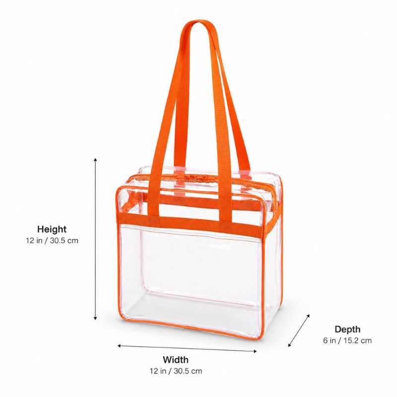 Dimension chart showing the clear stadium tote with orange trim measuring 12 inches tall, 12 inches wide, and 6 inches deep.