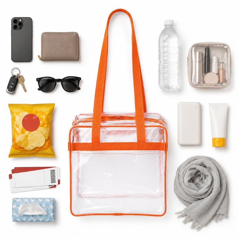 Top-down flatlay of the clear stadium tote with orange trim surrounded by a phone, wallet, keys, sunglasses, chips, and event tickets.