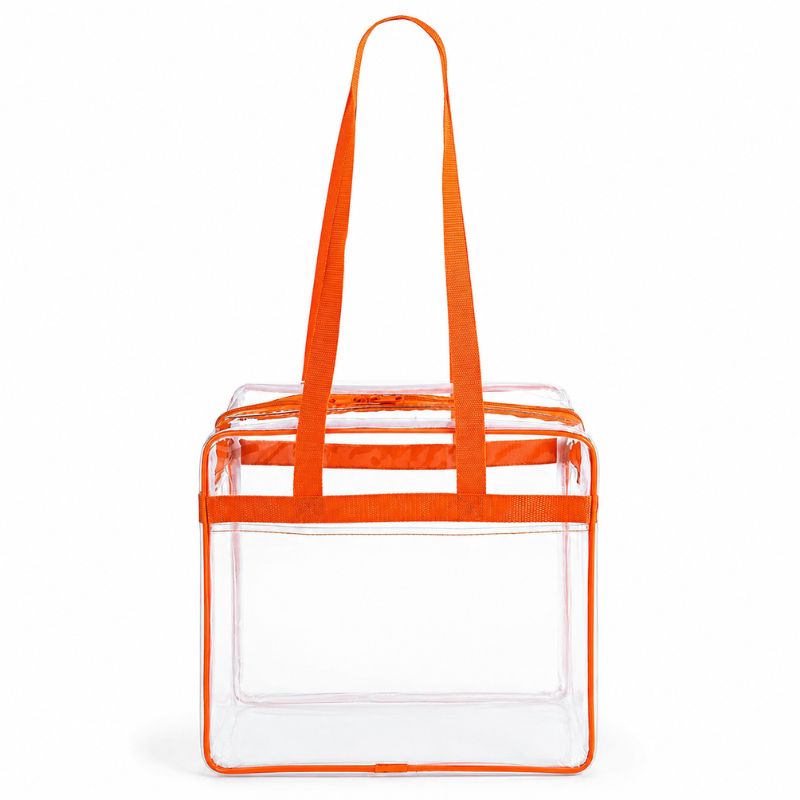Clear stadium tote bag with orange trim, shown empty from the front with straps raised.
