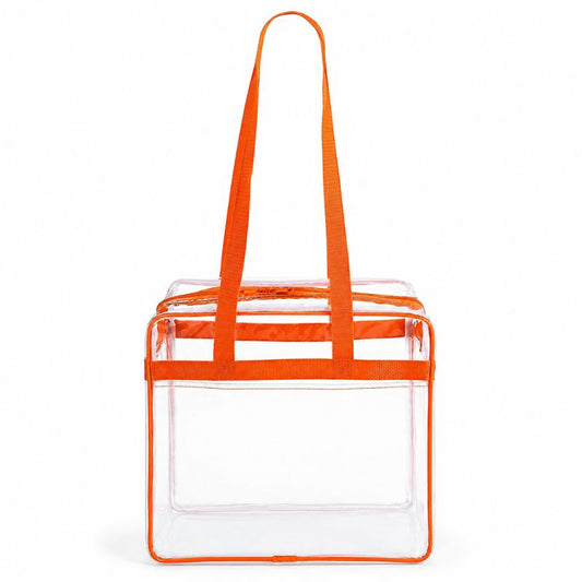 Clear stadium tote bag with orange trim, shown empty from the front with straps raised.