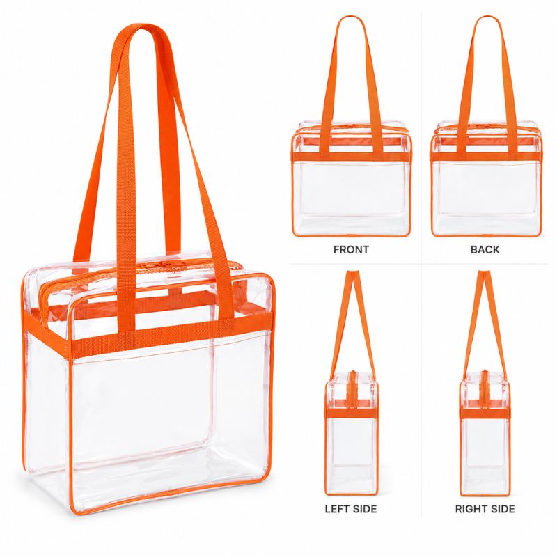 Multi-angle grid of the clear stadium tote with orange trim showing front, back, left side, and right side views.
