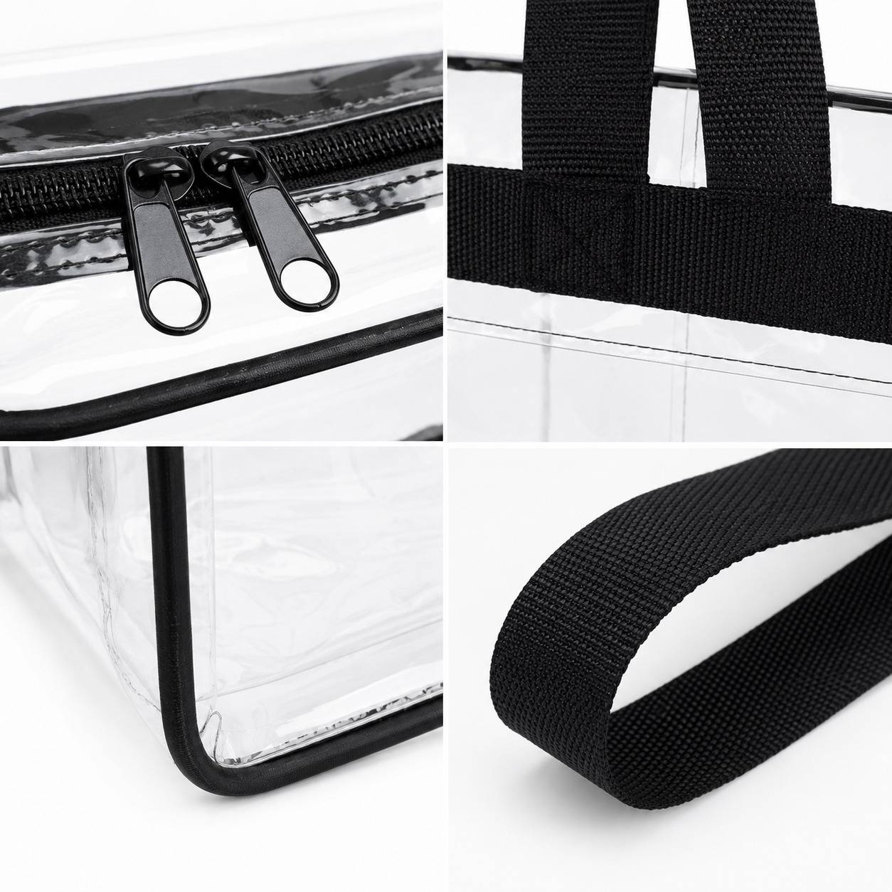 Close-up detail collage of the clear stadium tote bag showing the zipper pulls, handle stitching, corner seam, and strap material.