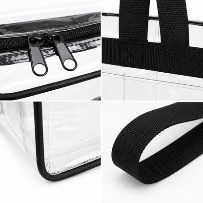 Close-up detail collage of the clear stadium tote bag showing the zipper pulls, handle stitching, corner seam, and strap material.
