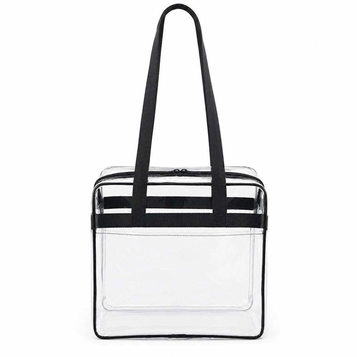 Clear stadium tote bag with black trim and zipper closure, shown empty from the front.