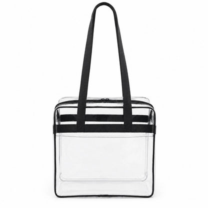 Clear stadium tote bag with black trim and zipper closure, shown empty from the front.