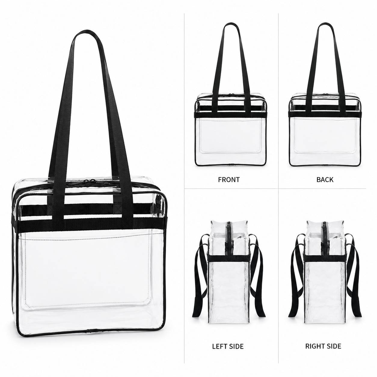 Multi-angle grid of the clear stadium tote bag showing front, back, left side, and right side views.