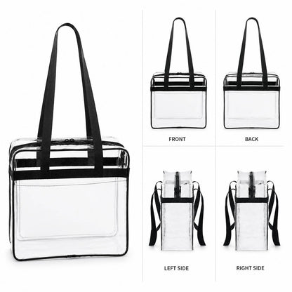 Multi-angle grid of the clear stadium tote bag showing front, back, left side, and right side views.