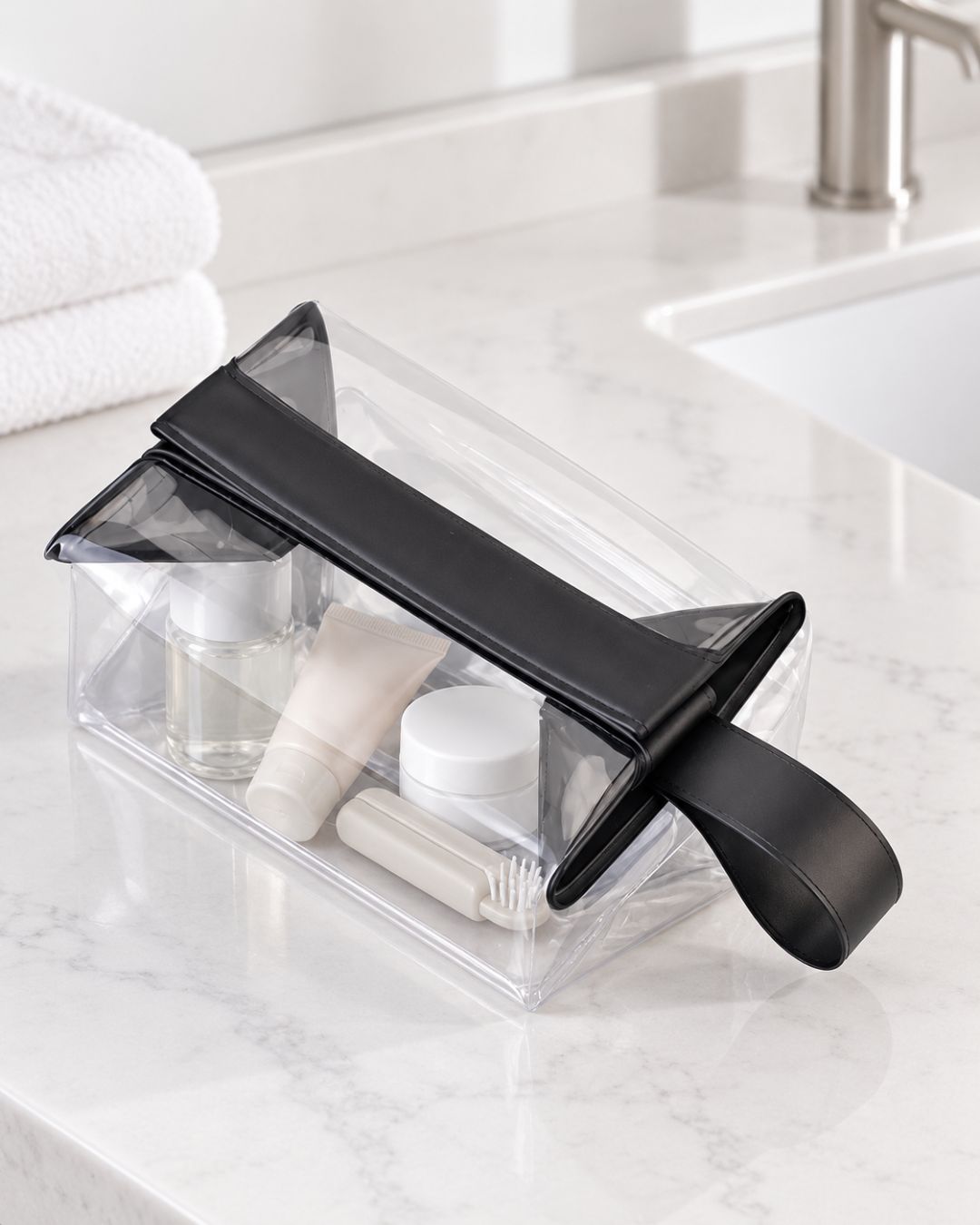 Clear toiletry bag packed with skincare bottles and a bar of soap, sitting open on a marble bathroom counter beside folded towels.