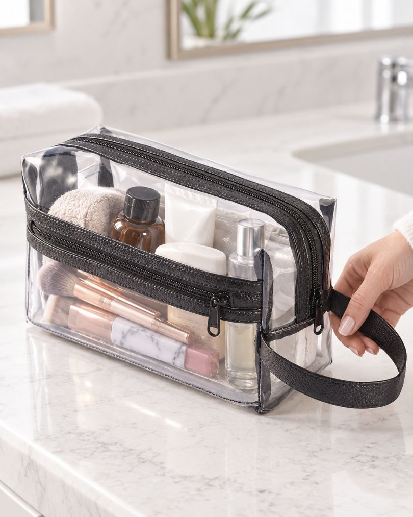 Woman picking up a clear toiletry bag by its handle from a marble bathroom counter, packed with skincare bottles and makeup brushes.