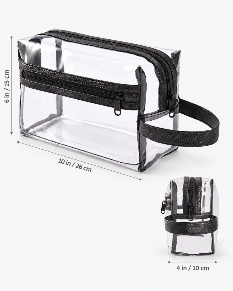 Clear toiletry bag dimensions shown as 10 x 6 x 4 inches, or 26 x 15 x 10 cm, with a side view showing the 4-inch depth.