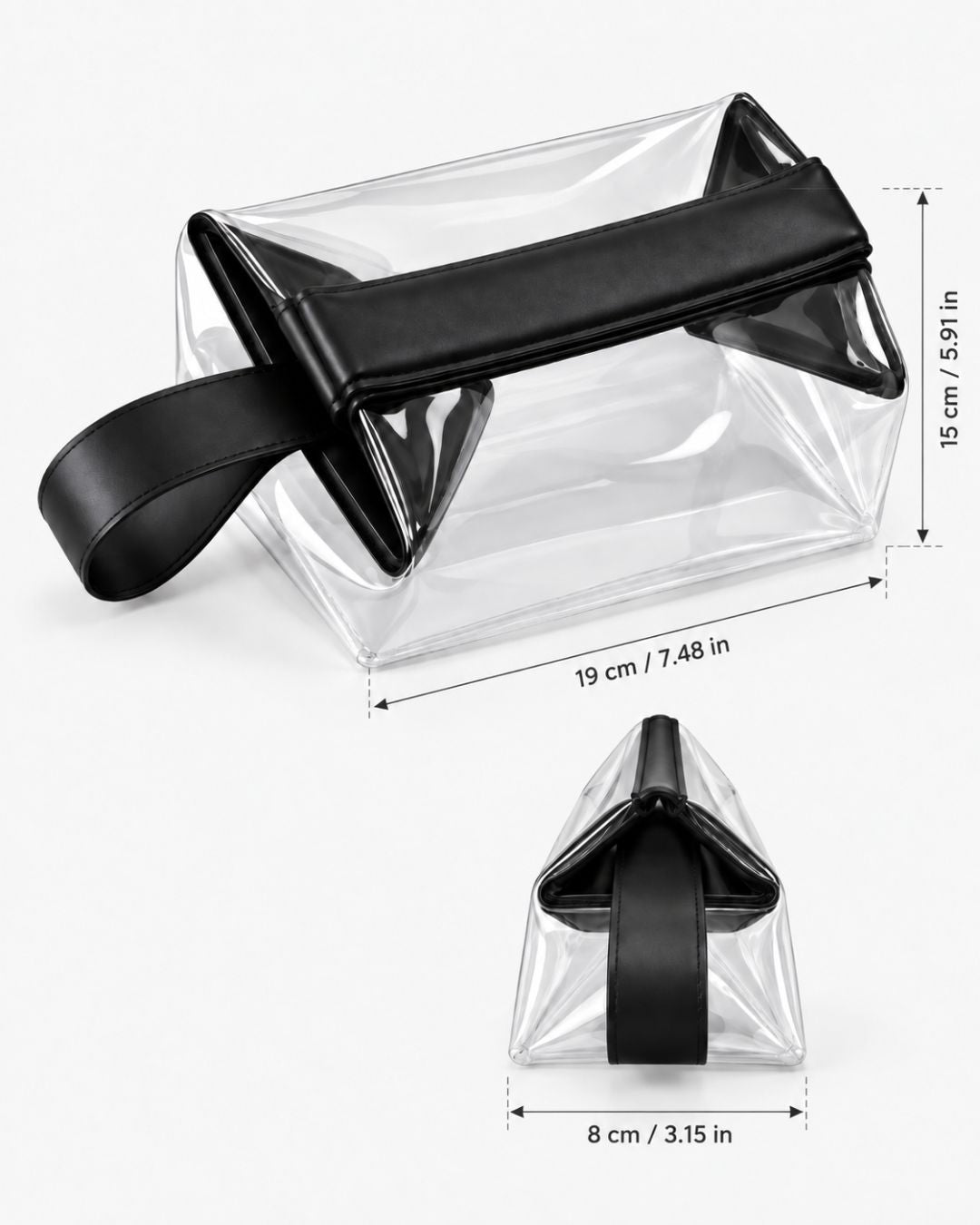 Clear toiletry bag dimensions shown as 19 x 15 x 8 cm, or 7.48 x 5.91 x 3.15 inches, with an end view showing the 8 cm depth.