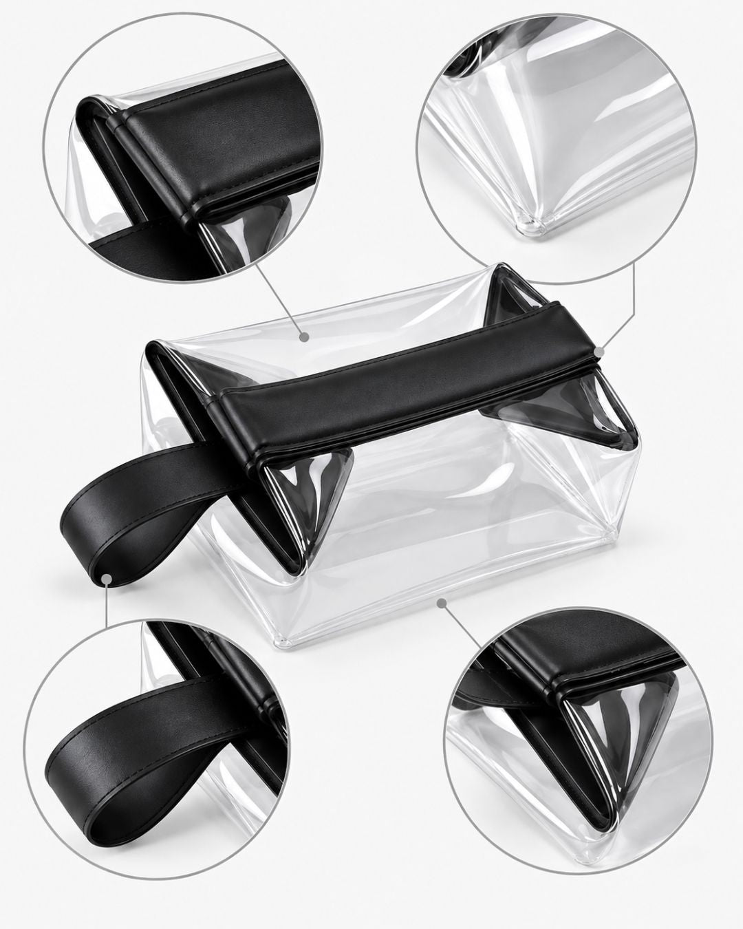 Close-up details of the clear toiletry bag's padded black trim, stitched handle loop and folded corner seams.