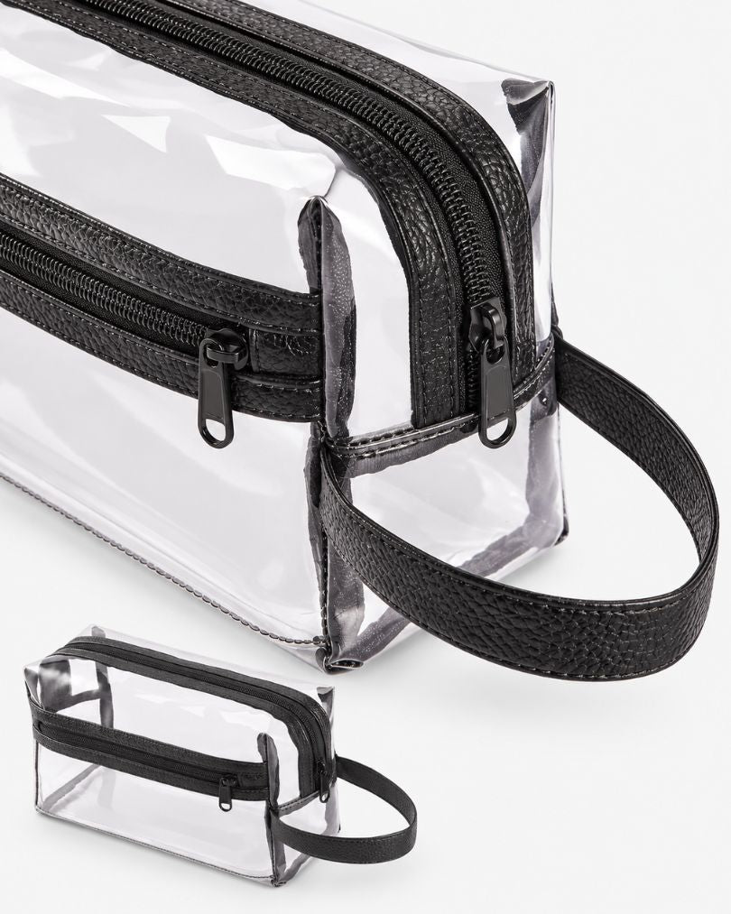Close-up of the clear toiletry bag's zipper hardware and black handle, shown beside a smaller companion pouch for scale.