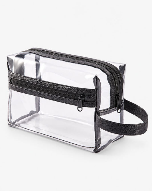 Medium clear toiletry bag with black trim, top zipper, front zip pocket and carry handle, shown empty on a white background.