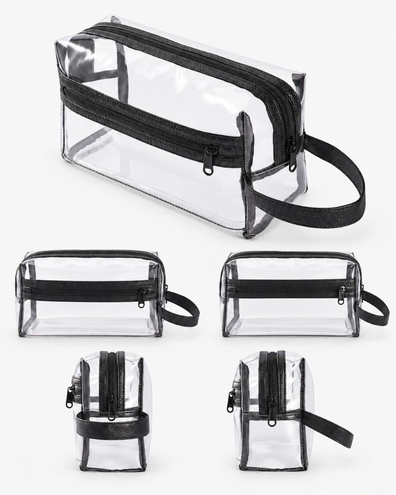 Clear toiletry bag shown from multiple angles: three-quarter view, front, and both end views with the carry handle.