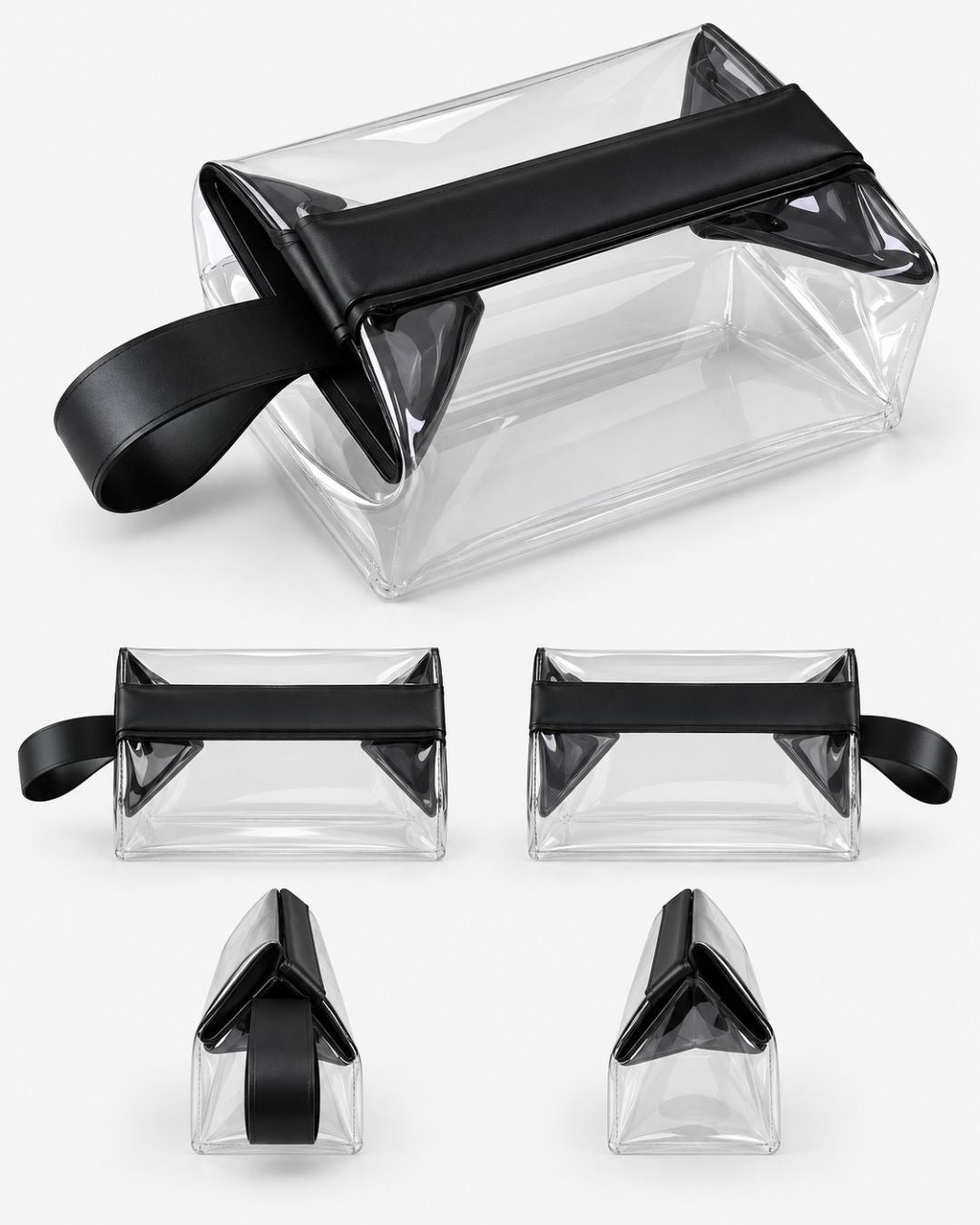 Clear toiletry bag shown from multiple angles: three-quarter view, front, and both triangular end profiles.