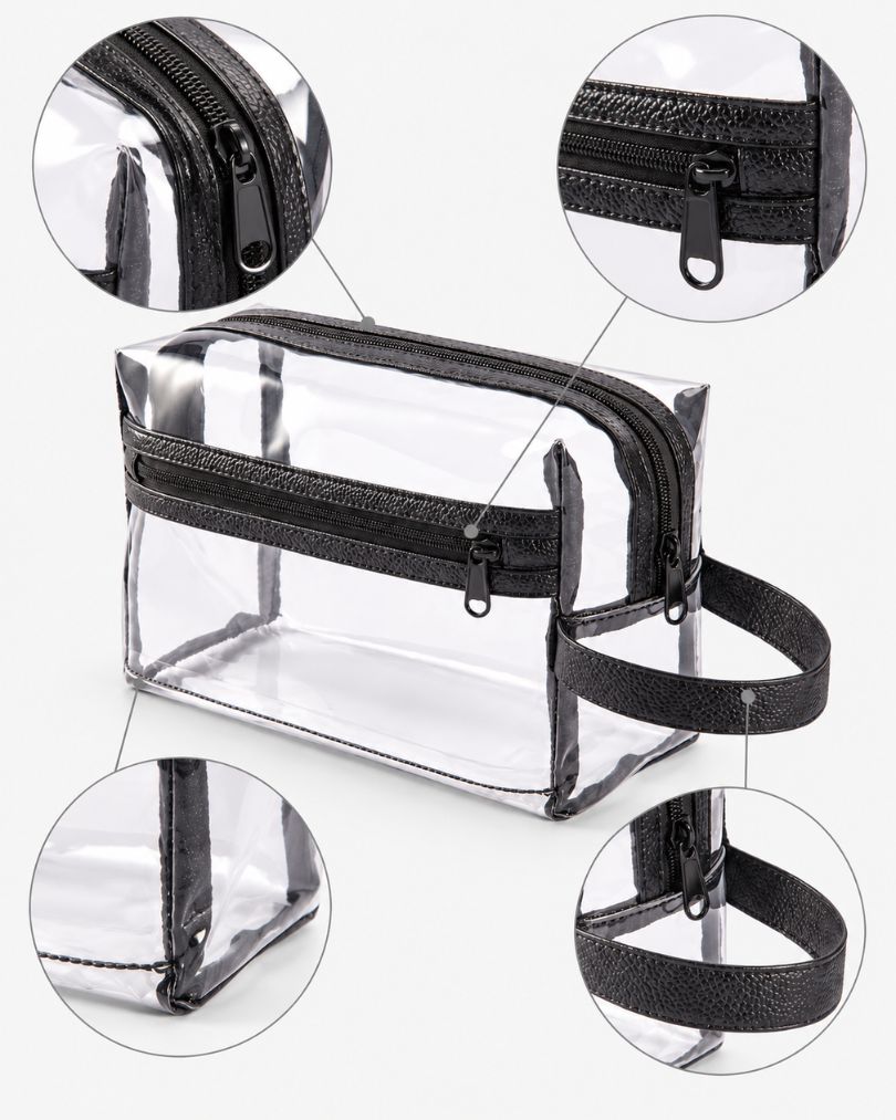 Close-up details of the clear toiletry bag's zipper pulls, stitched black trim, reinforced corner seam and handle attachment.