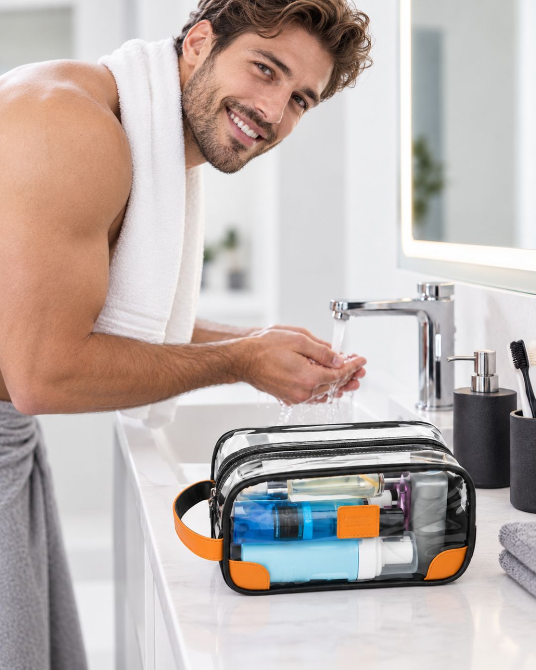 Man washing his hands at a bathroom sink next to a clear travel toiletry bag packed with grooming bottles on the marble counter.