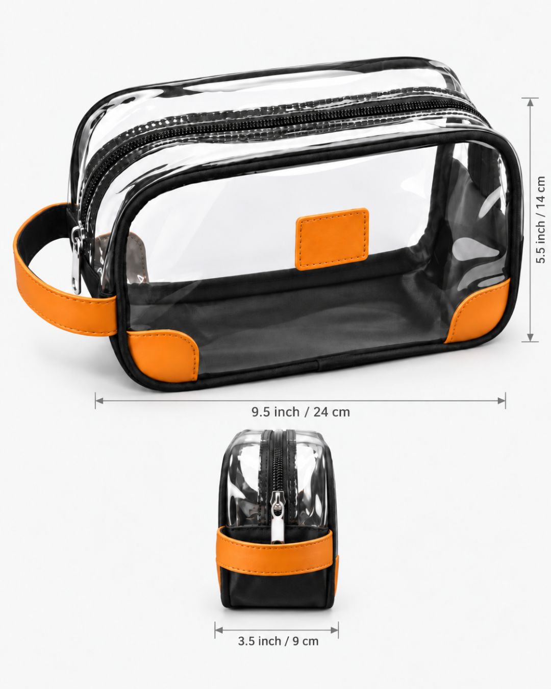 Clear travel toiletry bag dimensions shown as 9.5 x 5.5 x 3.5 inches, or 24 x 14 x 9 cm, with an end view showing the 3.5-inch depth.