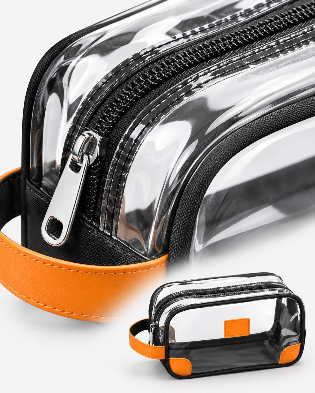 Close-up of the clear travel toiletry bag's zipper pull and orange handle, shown beside the full bag for scale.