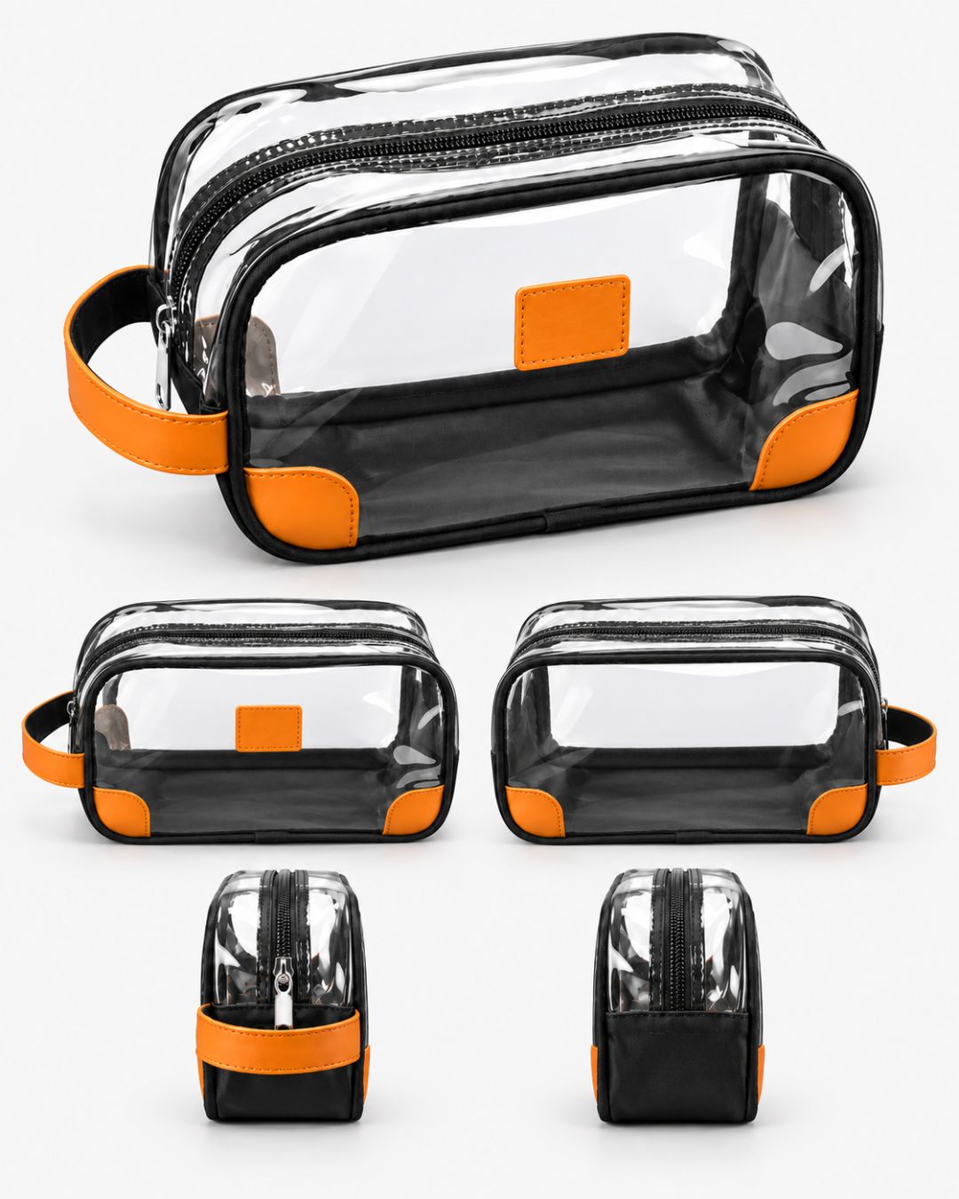 Clear travel toiletry bag shown from multiple angles: three-quarter view, front, and both rounded end profiles.