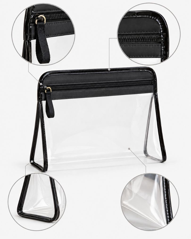 Clear TPU pouch details: woven loop pull, gold-tone ring, zipper end and triangular side gusset with black piping
