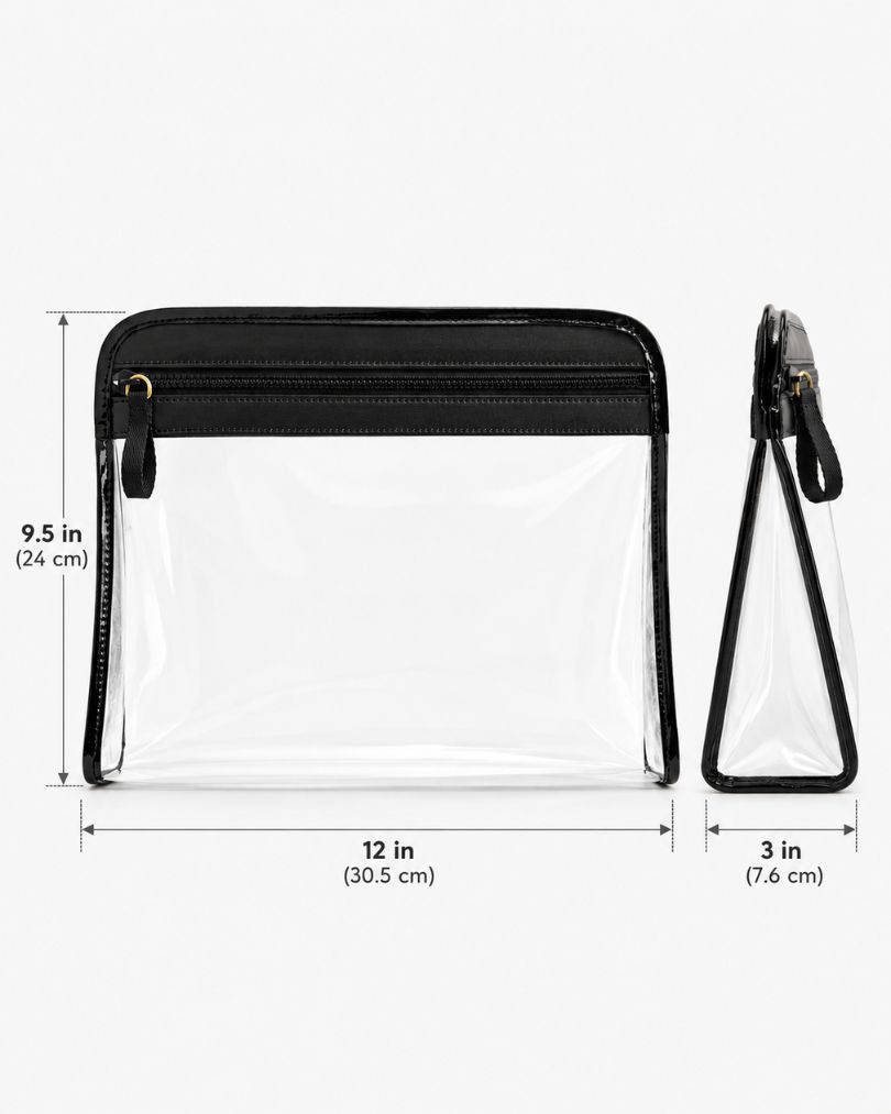 Clear pouch dimension diagram showing 12 in (30.5 cm) wide, 9.5 in tall and 3 in (7.6 cm) deep from the front and side
