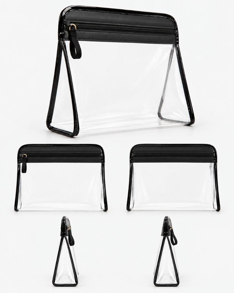 Clear TPU toiletry pouch with black trim shown from five angles: three-quarter, front, back and both sides