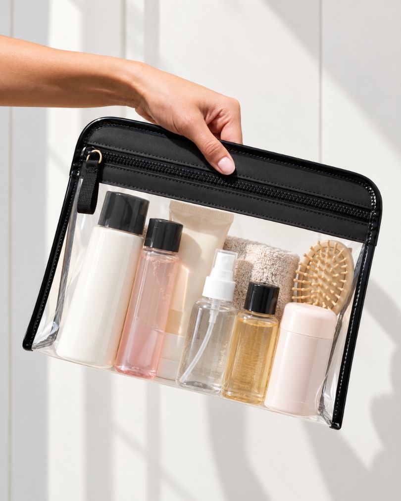 Clear cosmetic bag with black trim held by its top band, packed with bottles, a washcloth and a paddle hairbrush