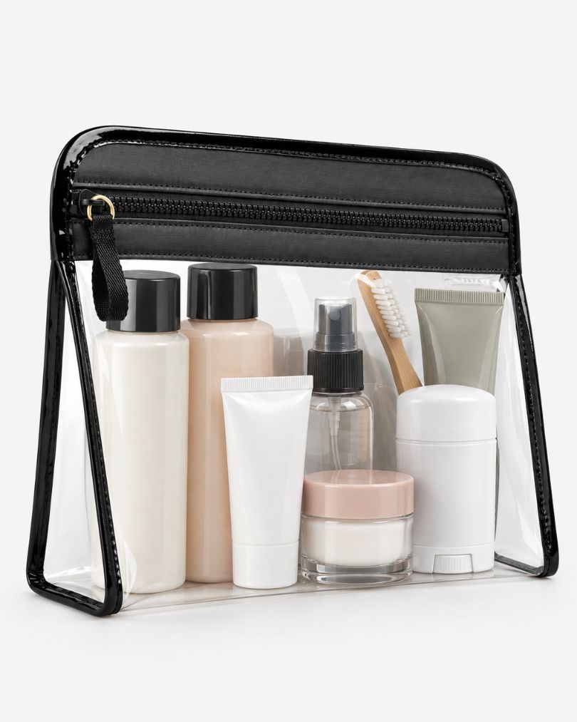 Clear toiletry pouch with black trim packed with bottles, squeeze tubes, a spray bottle, a cream jar, a deodorant stick and a toothbrush