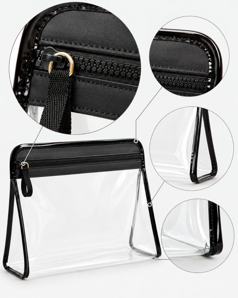 Clear TPU pouch close-ups: large molded zipper teeth, gold-tone ring, rounded top corner, side gusset and base corner